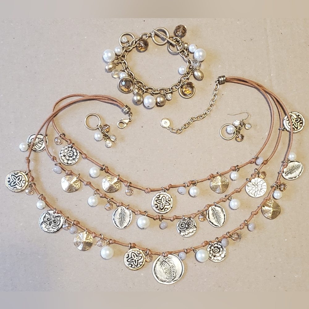 Statement set, necklace, bracelet, and earrings handmade leather, beads, & metal